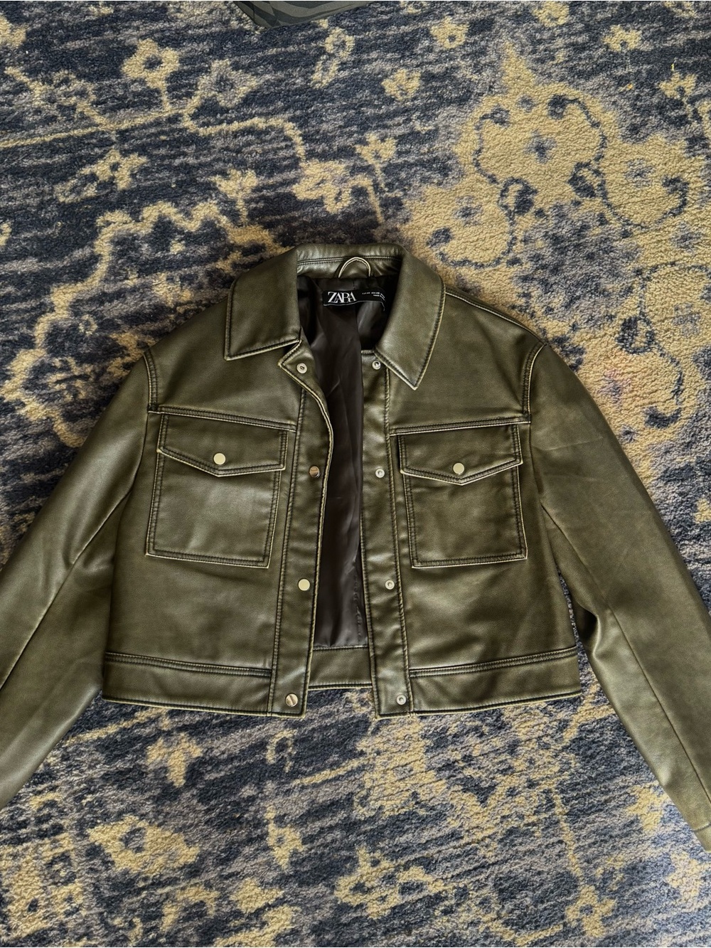 ZARA Olive Green Faux Leather Cropped Jean Jacket